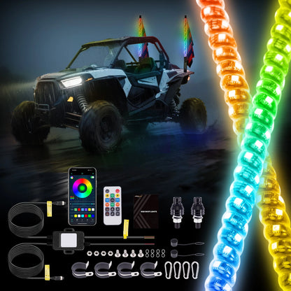2pc RGB LED Whip Spiral Lights Antenna for ATV UTV Polaris RZR Can-Am (DFA6OP)