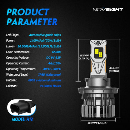 H13 9008 LED Bulbs for High Low Beam Conversion Kits (6500K, 130W)