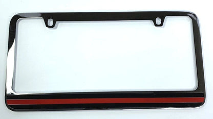 License Plate Frame Thin Red Line Chrome Premium for Made in USA Firefighter