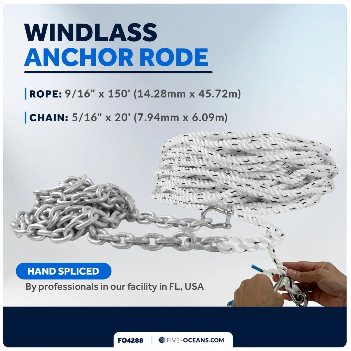 Windlass Anchor Rode 9/16"x150' Rope & 5/16"x20' G4 Chain for Boats