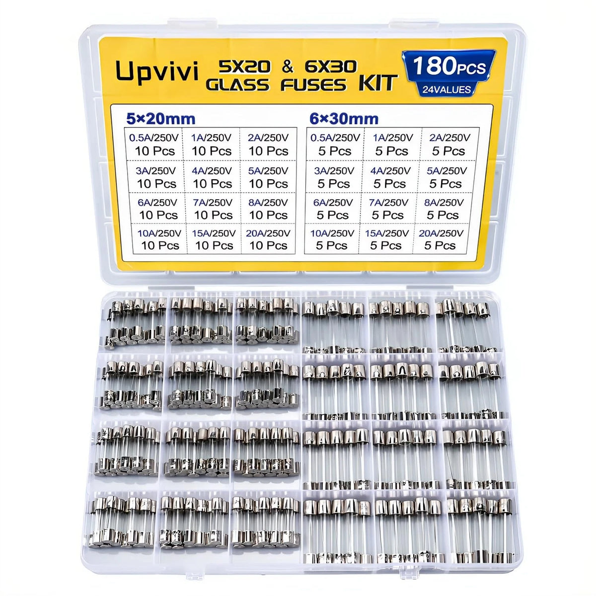 24-Piece Fast Blow Glass Fuse Assortment Kit 250V 5x20mm