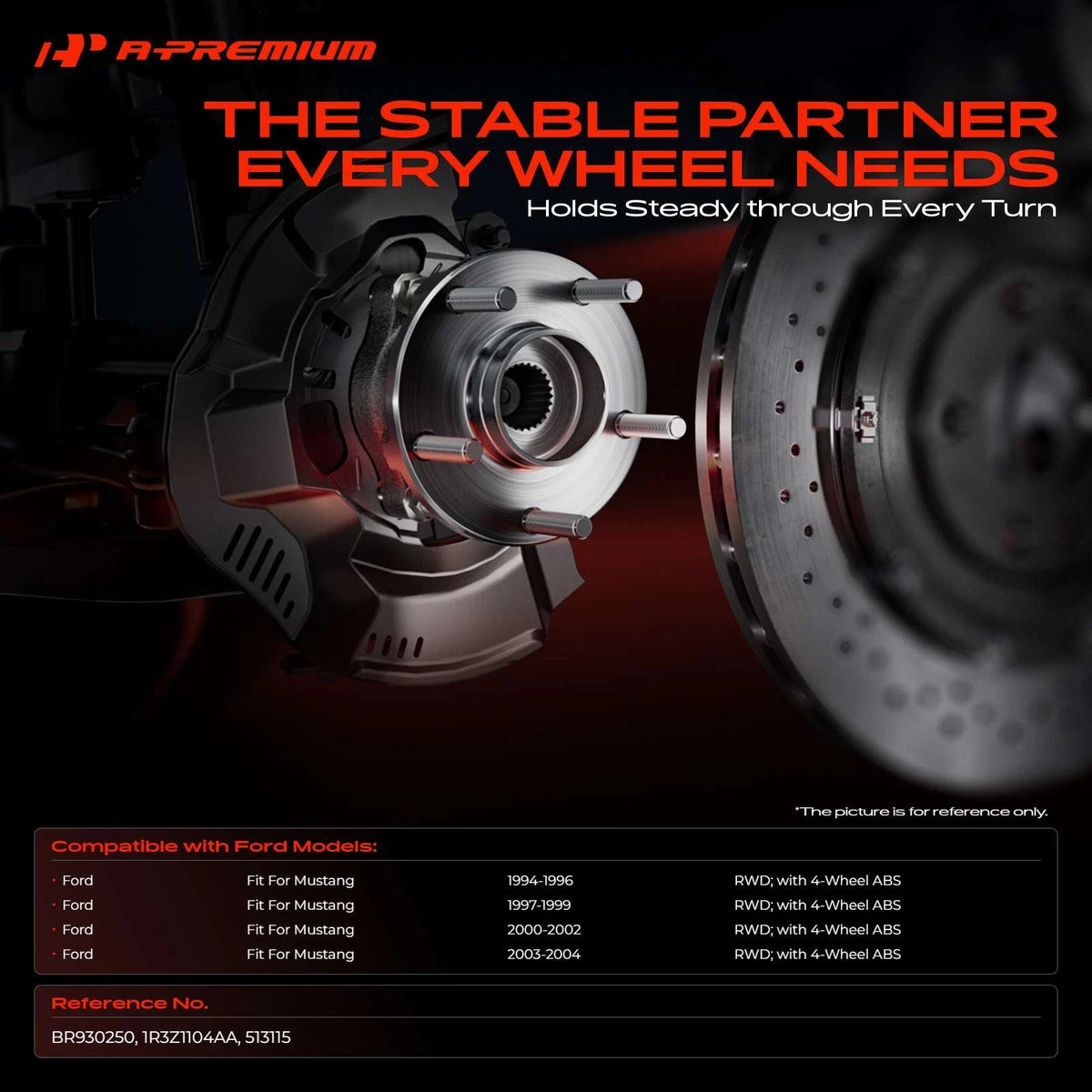 2X Front Wheel Hub & Bearing Assembly for Ford Mustang (1994–2004) BR930250, 1R3Z1104AA, 513115