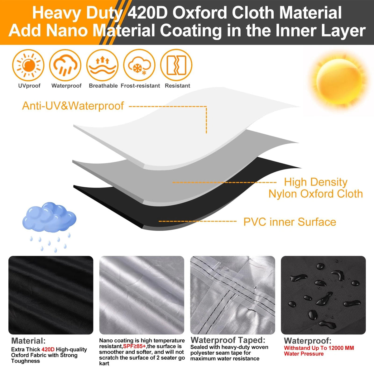 Large Go Kart Covers Waterproof Heavy Duty 420D (75" L x 51" W x 51" H)