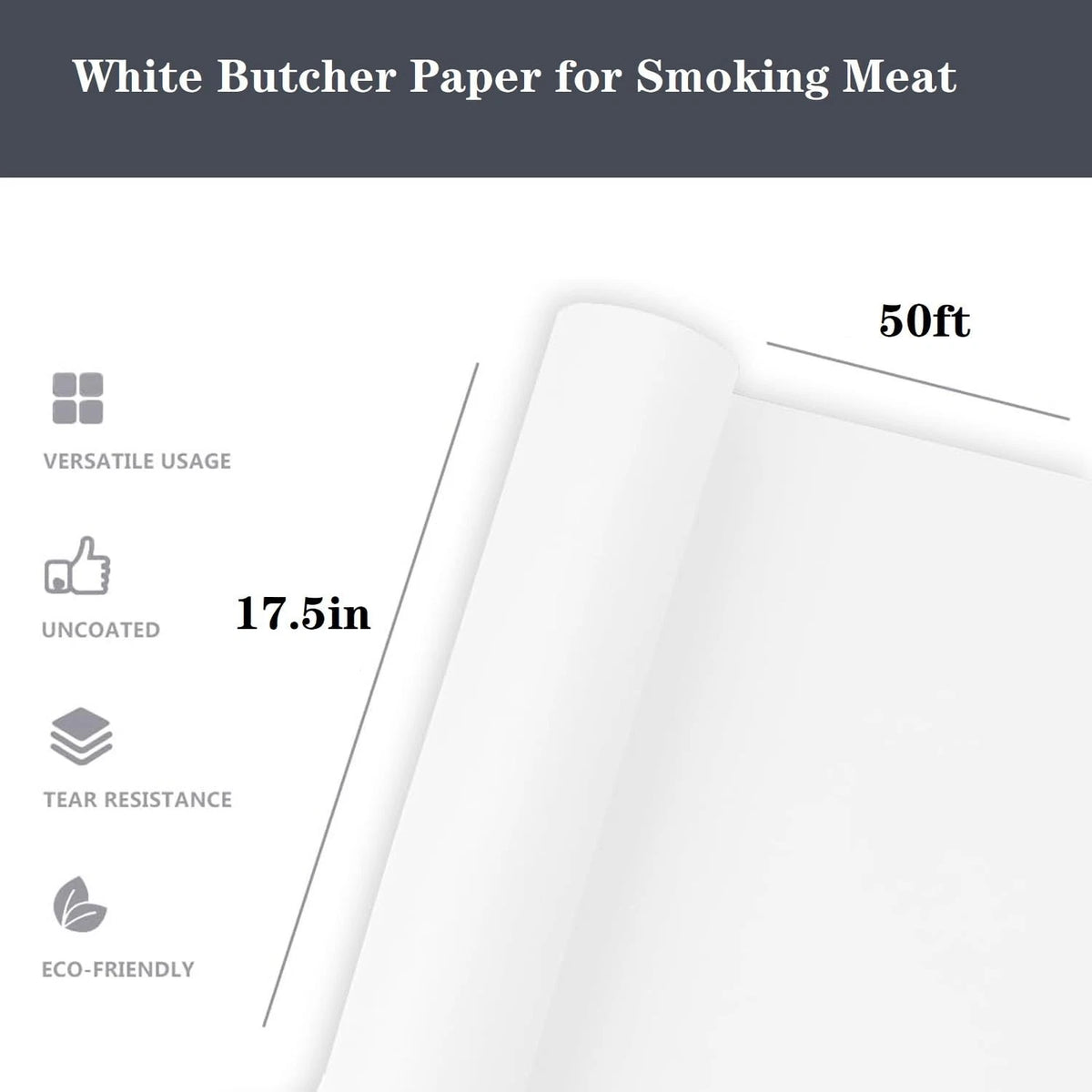 White Butcher Paper Roll 17.5 in x 50 ft Food Grade Unwaxed Unbleached
