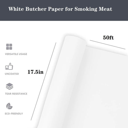White Butcher Paper Roll 17.5 in x 50 ft Food Grade Unwaxed Unbleached