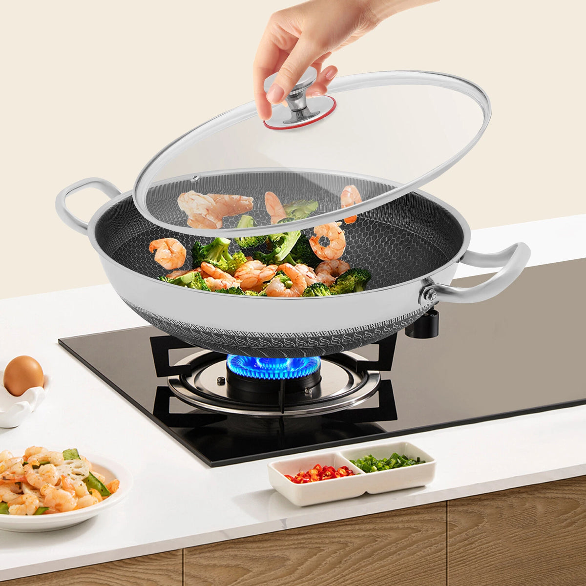 Stainless Steel Cooking Pan with Glass Lid for 3-4