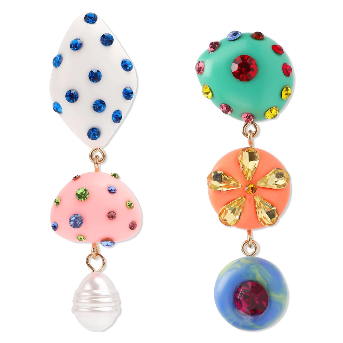 Asymmetrical Dangle Earrings for Women - Multicolored Rhinestones & Resin