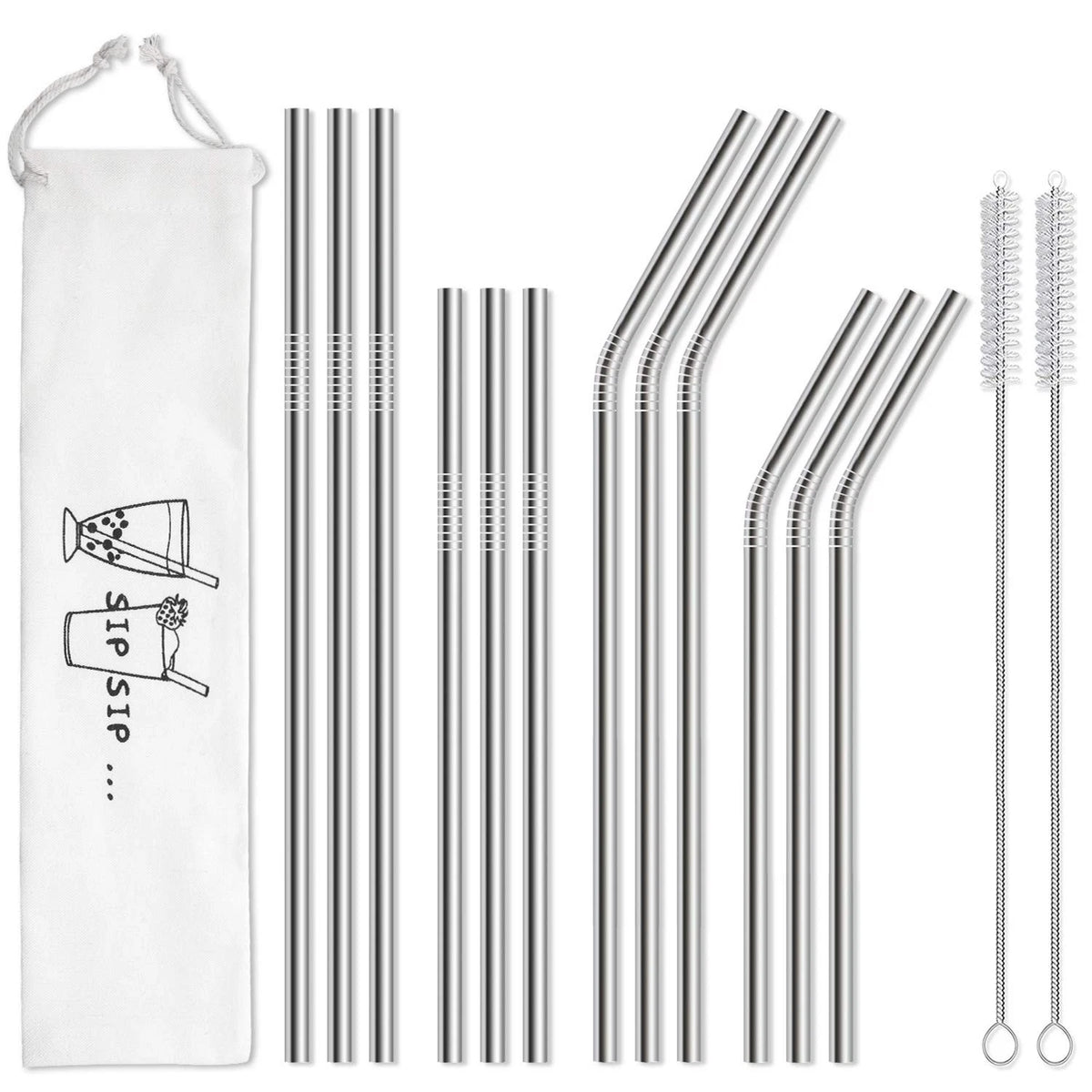 12-Pack Reusable Stainless Steel Straws for Universal Use