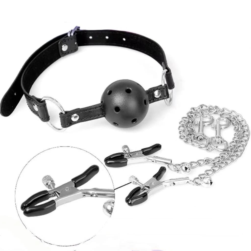 Vented Mouth Ball Gag with Nipple Clamps & Anal Toy Kit for BDSM