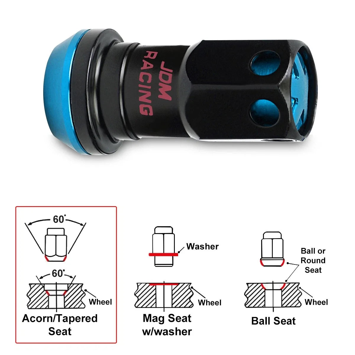 Set of 20 M12X1.5 Sky Blue JDM Closed End Lug Nuts with Spline Lock and Key