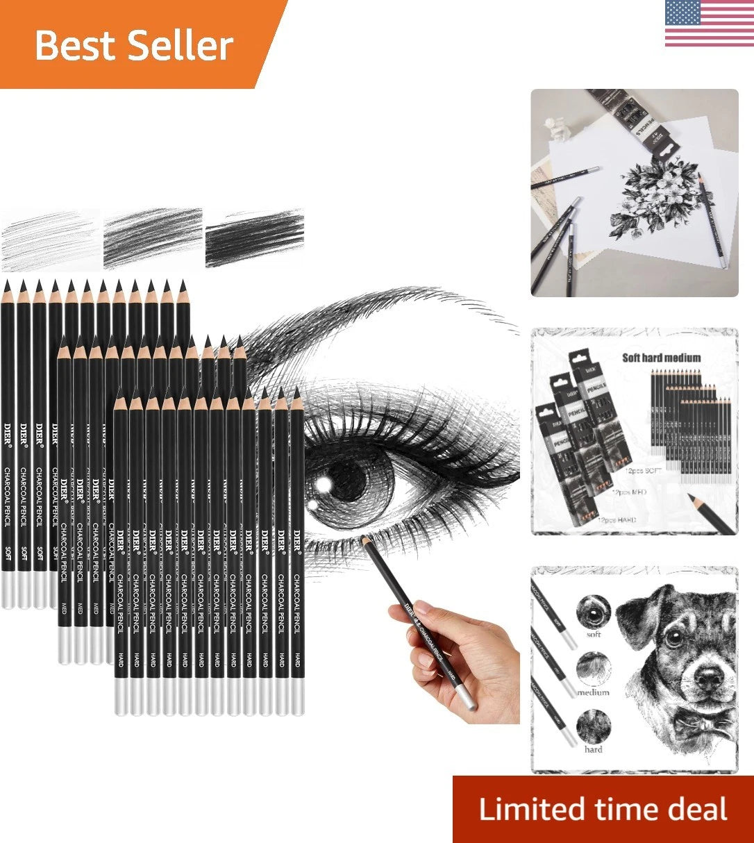 36-Piece Charcoal Pencil Collection for Detailed Portraits