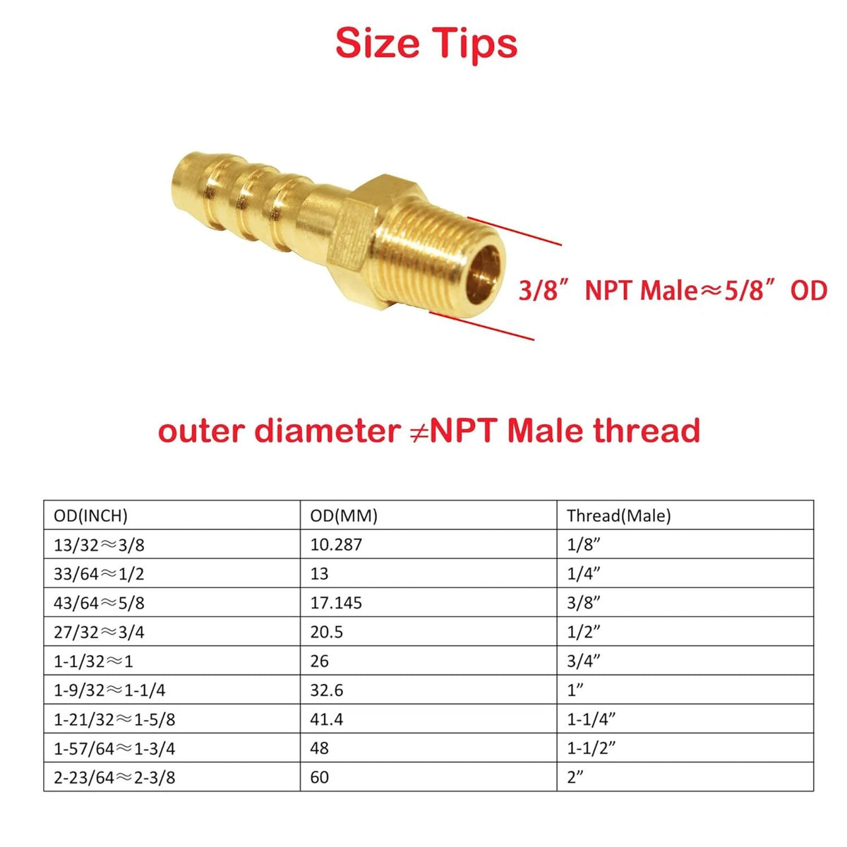 5X Hose Barb Fittings 3/8" Barb to 3/8" NPT Male Brass Adapter