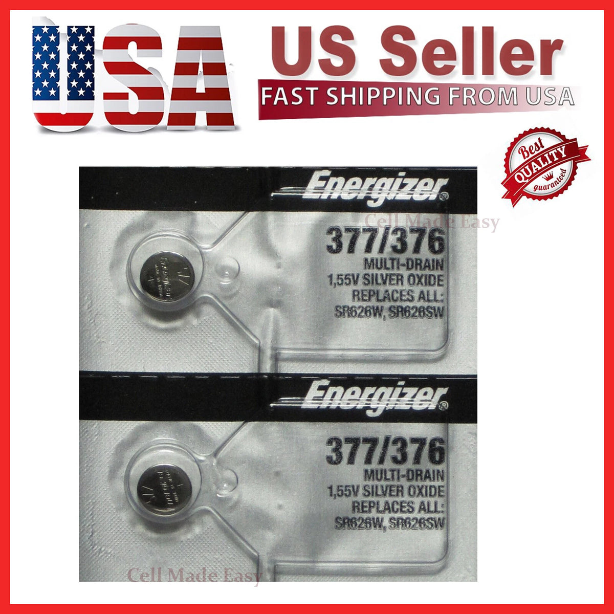 2X Energizer 377 376 Silver Oxide Battery (1.55V) LOW DRAIN