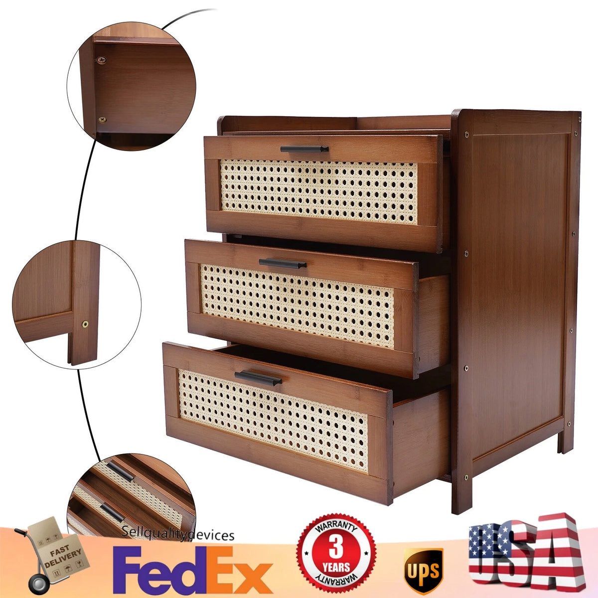Wooden Nightstand End Table with 3 Drawers for Bedroom