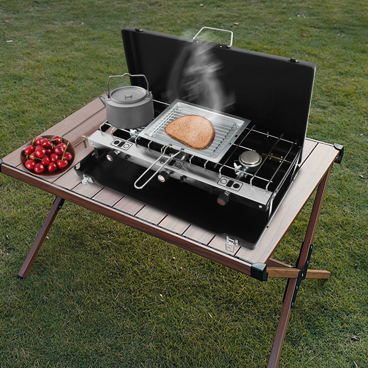 3 Burner Portable Propane Butane Camping Stove with Grid and Tray