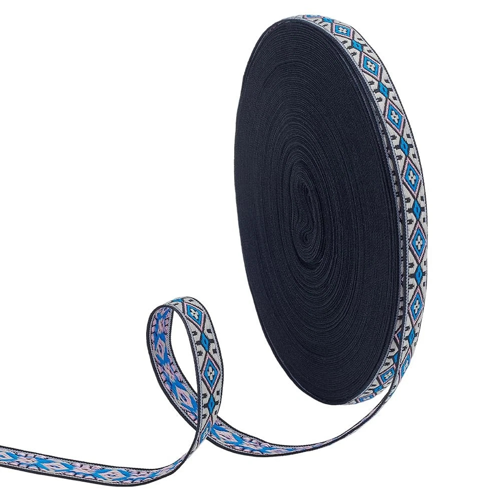 Embroidered Ribbon for Crafting (16.6 Yards, 3/8 Inch, Blue)