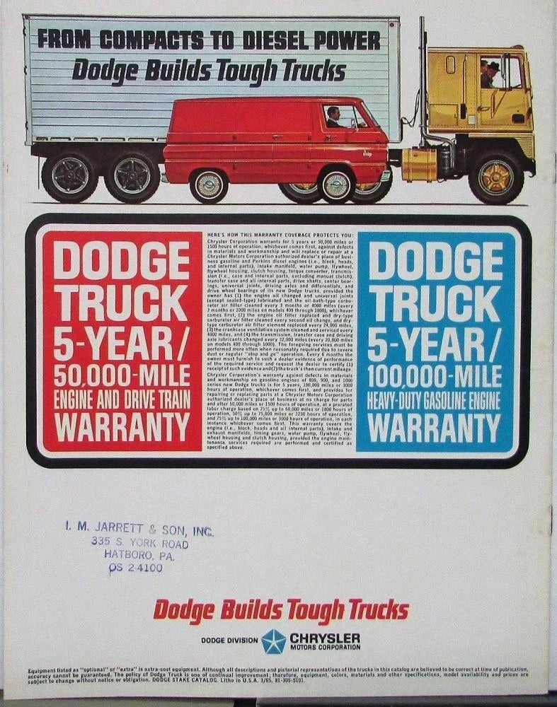 Sales Brochure for 1965 Dodge Stake Trucks Low Ton Series D 100 200 300
