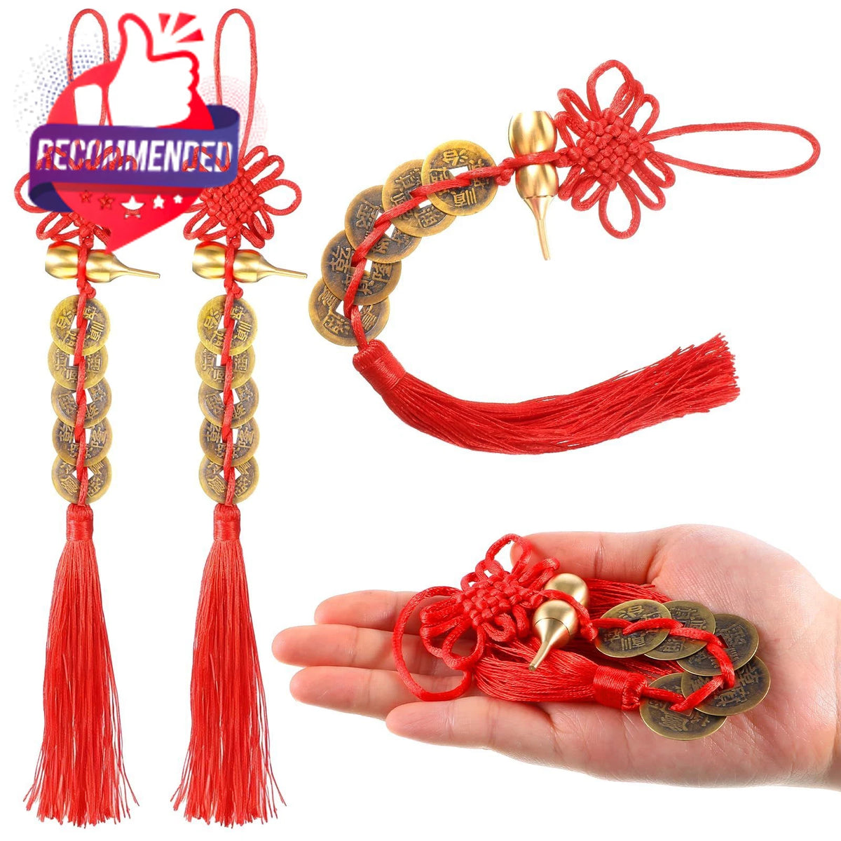 2X Chinese Knot Tassel Feng Shui Charms with Metal Gourd and 5 Coins