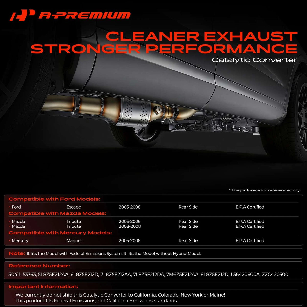 A-Premium Catalytic Converter Rear for Ford Escape Mercury Mariner (2005–2008) 5L8Z5E212AA, 6L8Z5E212D, 7L8Z5E212AA, 7L8Z5E212DA, 53763