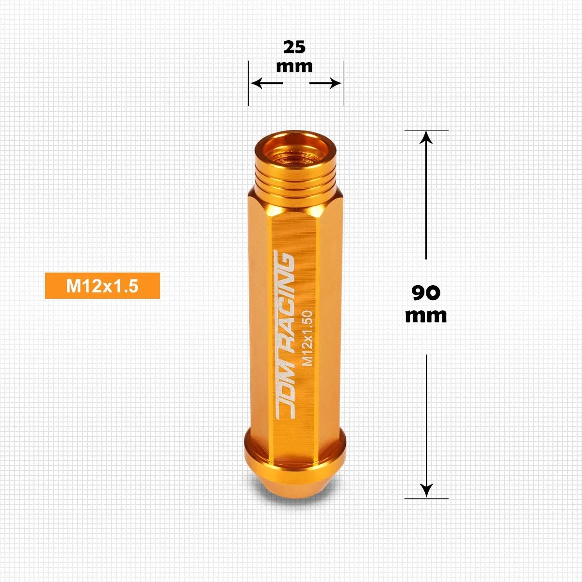 Set of 20 M12X1.5 Orange JDM Open End Conical Wheel Lug Nuts + Extension 25mmx90mm