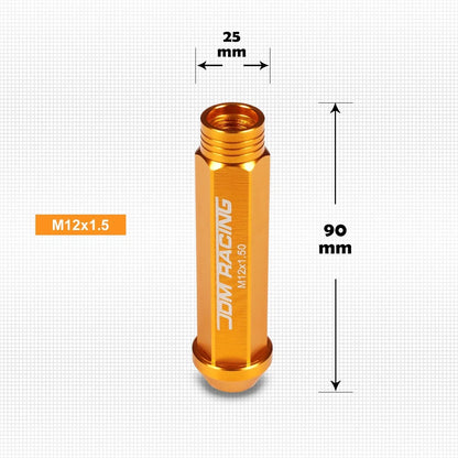Set of 20 M12X1.5 Orange JDM Open End Conical Wheel Lug Nuts + Extension 25mmx90mm