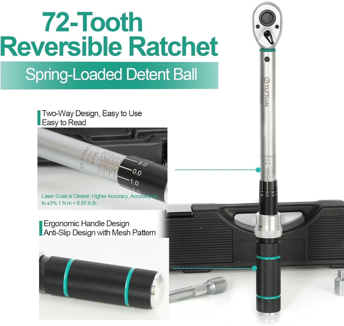 Set of 4 Drive Torque Wrenches 1/4'' 3/8'' 1/2'' Adjustable 72-Tooth