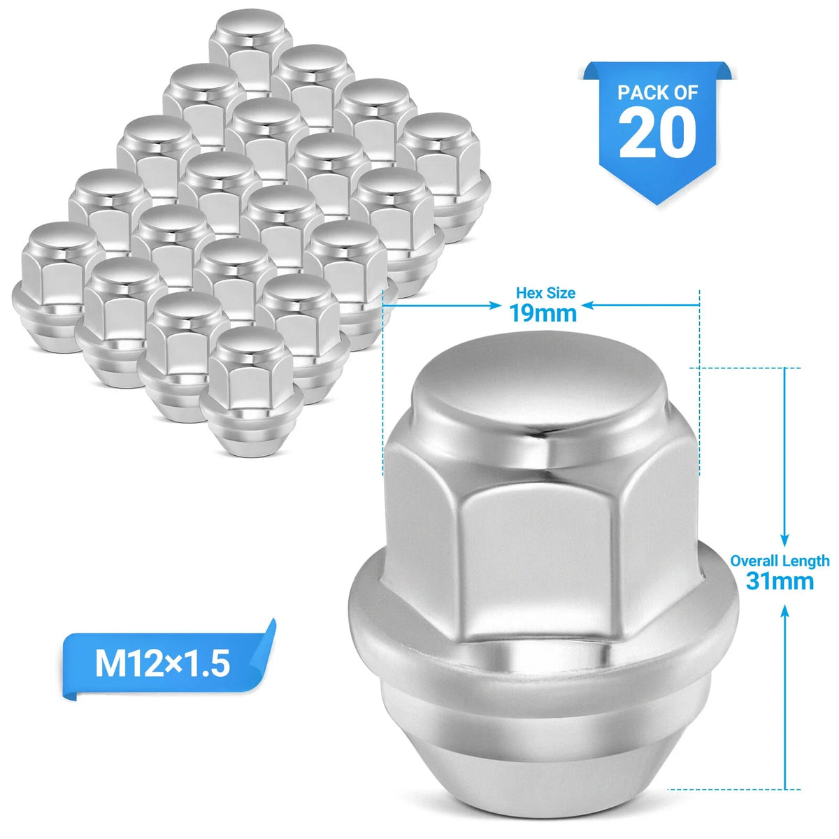 Set of 20 Chrome Acorn Lug Nuts for Ford Fusion Focus (2006–2023)