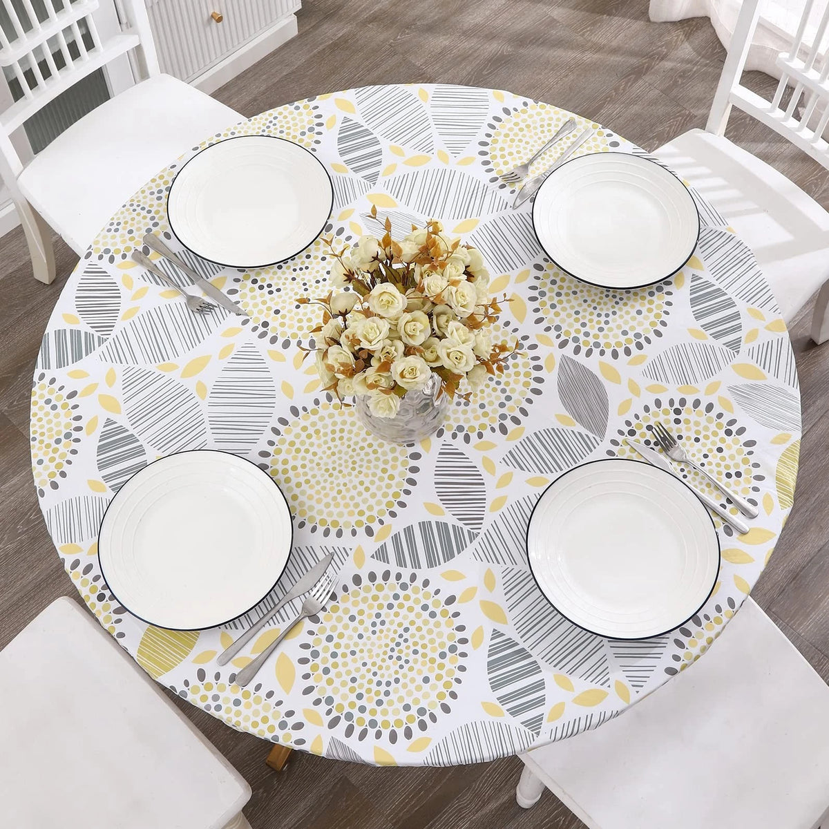 Round Vinyl Fitted Tablecloth with Flannel Backing for Various Tables