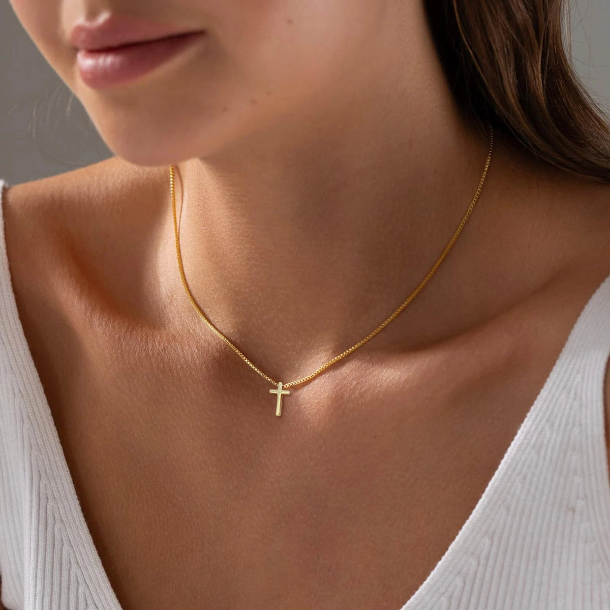 Gold Cross Necklace for Women, 14K Plated 16.5" Cross-Box Chain