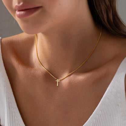 Gold Cross Necklace for Women, 14K Plated 16.5" Cross-Box Chain