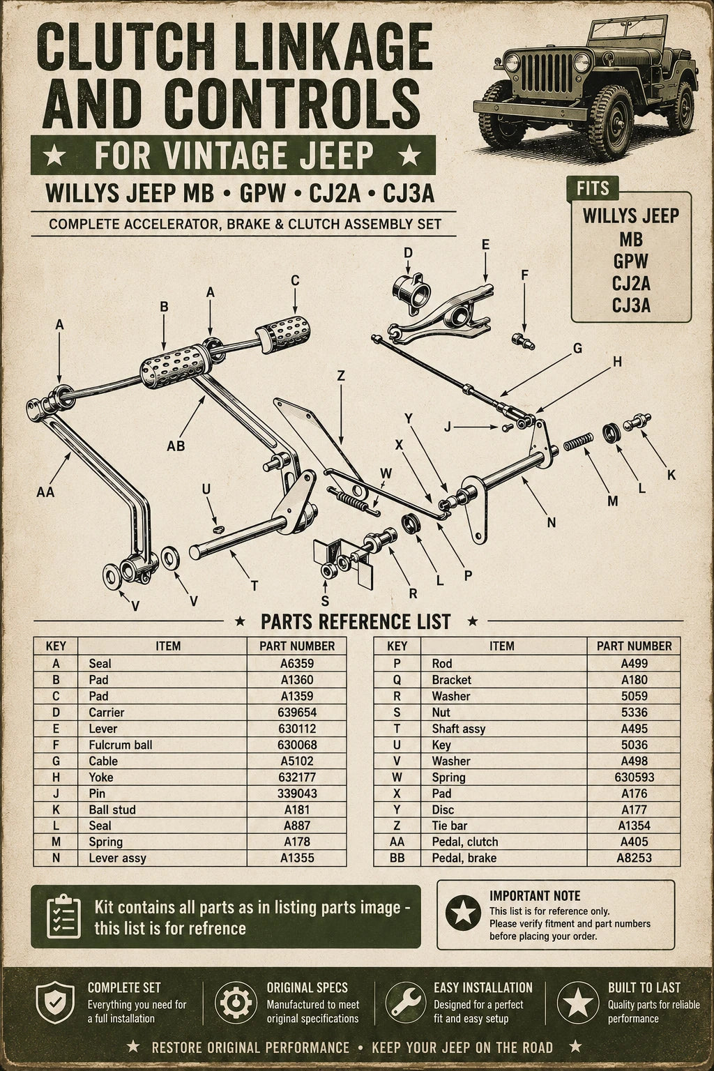 Set of 3 Accelerator Brake & Clutch Pedal Assemblies for Willys Jeep MB GPW CJ2A CJ3A (A405, A8253, A495)