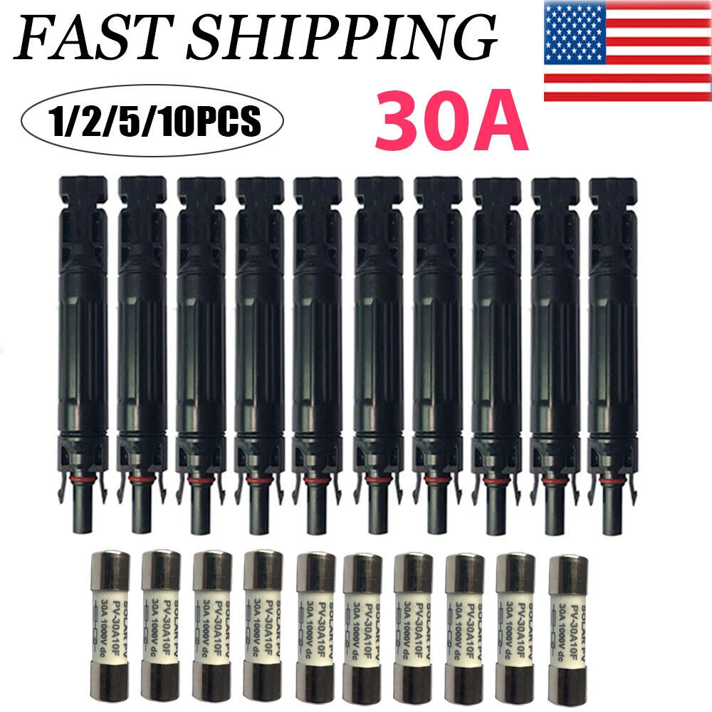 Set of 10 Solar Panel Cable Connectors 30A In-Line Fuse Holders