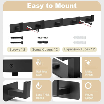 Metal Coat Rack Wall Mount with 5 Hooks, Heavy Duty, Black (1 Pcs)