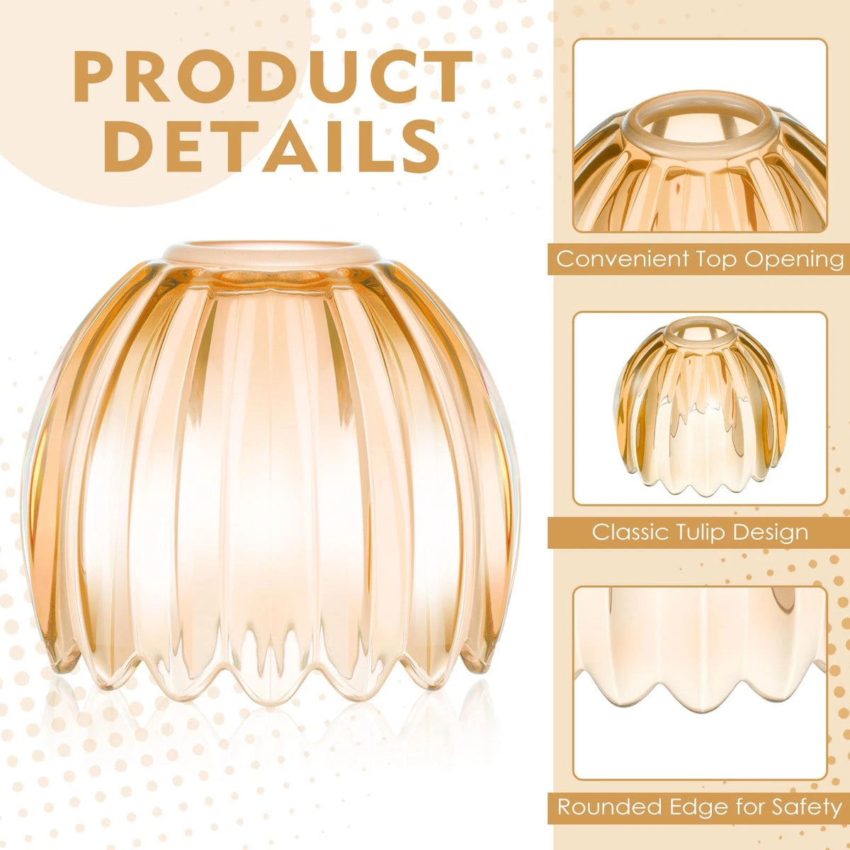 Set of 4 Amber Glass Tulip Lamp Shades for E26 Base Mini Chandelier