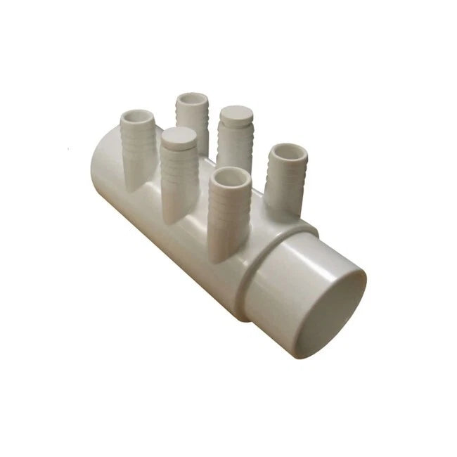 2" PVC Manifold Slip x Spigot with 6 Barb Ports and 2 Plugs for WM2XSP-6