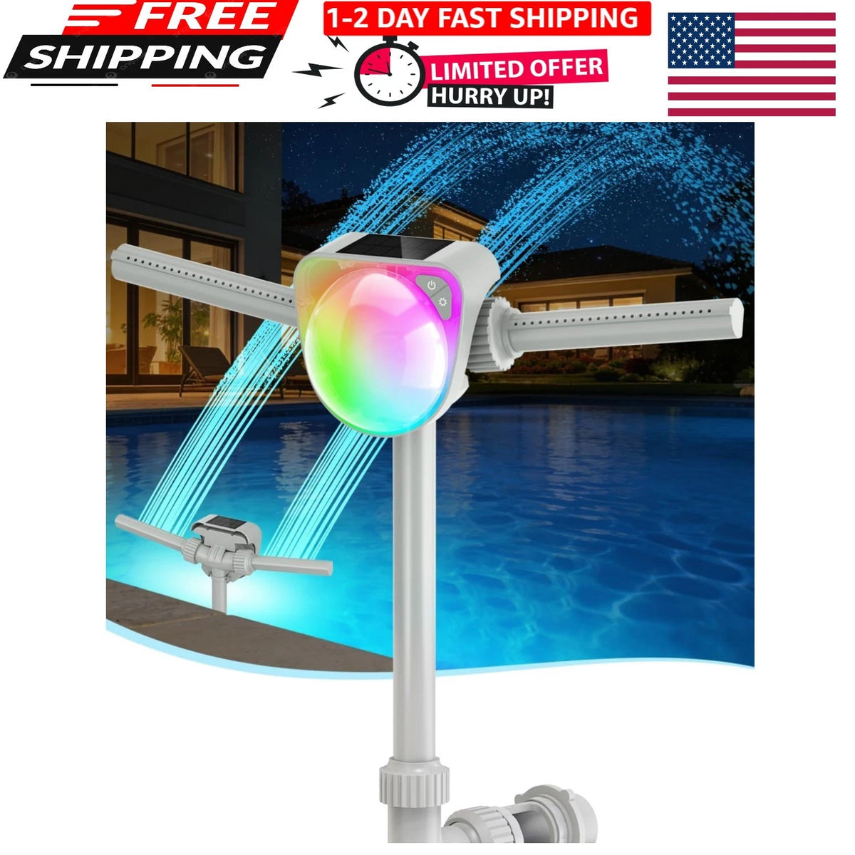 Solar Pool Fountain with 7-Color LED Lights for Dual-Head Adjustable Spray (2026)