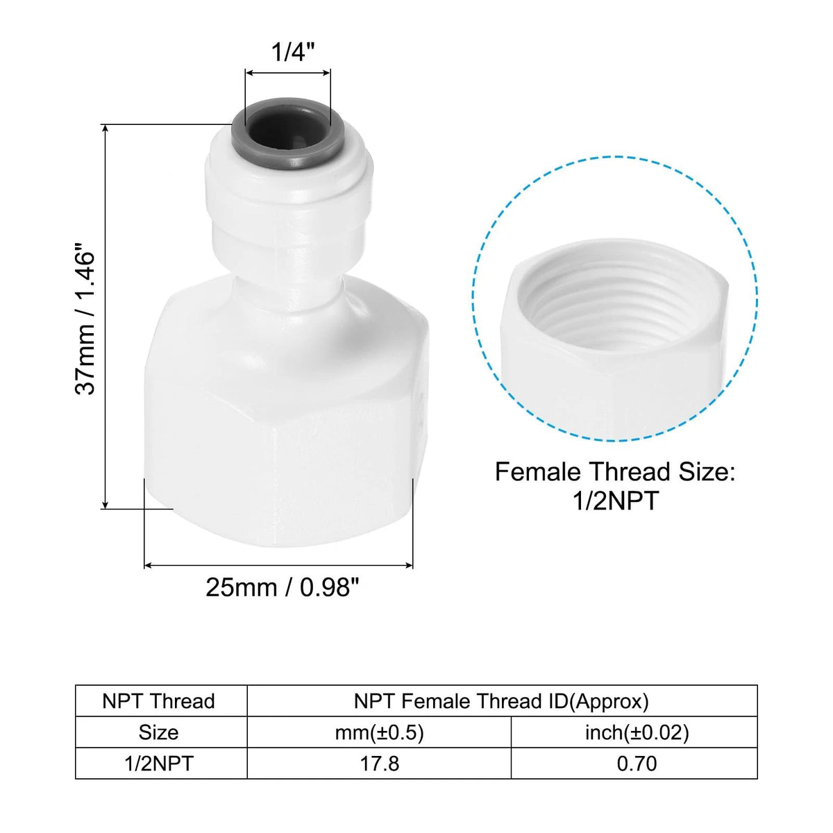 1/4" Tube to 1/2" NPT Female Push Connect for Various Applications