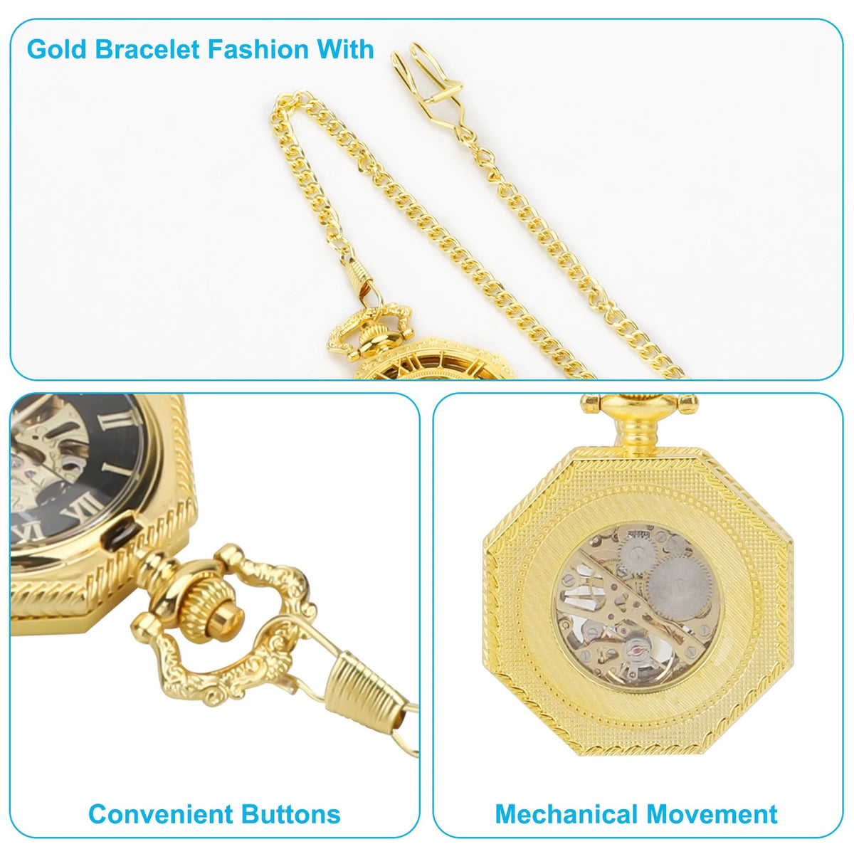 Vintage Men's Octagonal Mechanical Pocket Watch with Necklace Chain