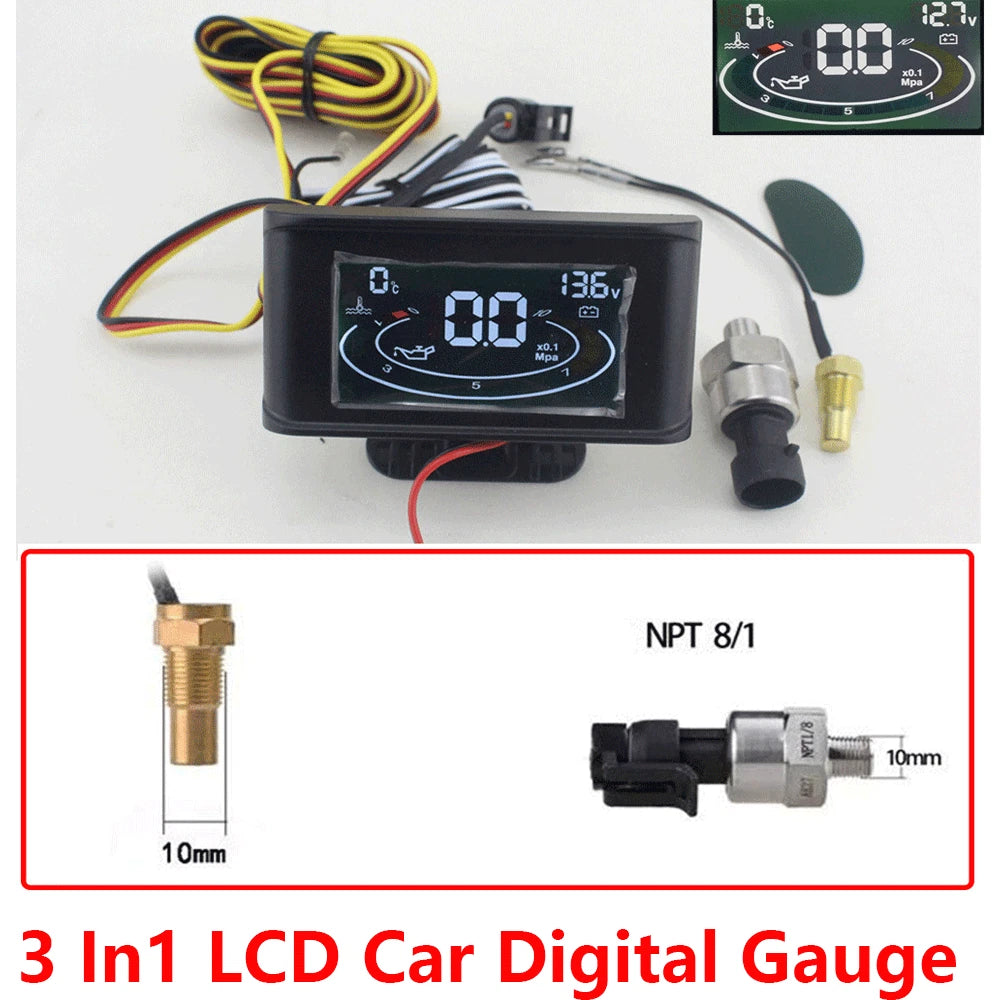3-in-1 LCD Digital Gauge Kit for Universal Vehicles (12V-24V)