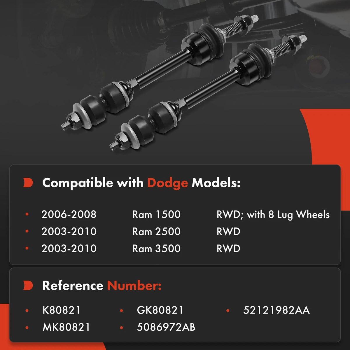2X Front Side Sway Bar Link for Dodge Ram 1500 2006–2008, 2500 3500 2003–2010, 5086972AB, 52121982AA, K80821