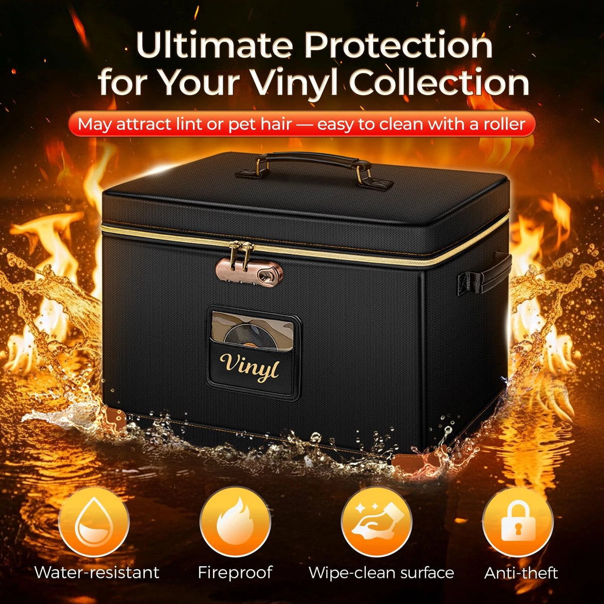 Vinyl Record Storage Box with Lock for (17 x 13 x 13 inches)