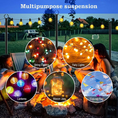 Set of 4 String Light Poles for Outdoor Use - 10 Ft Metal with Fork