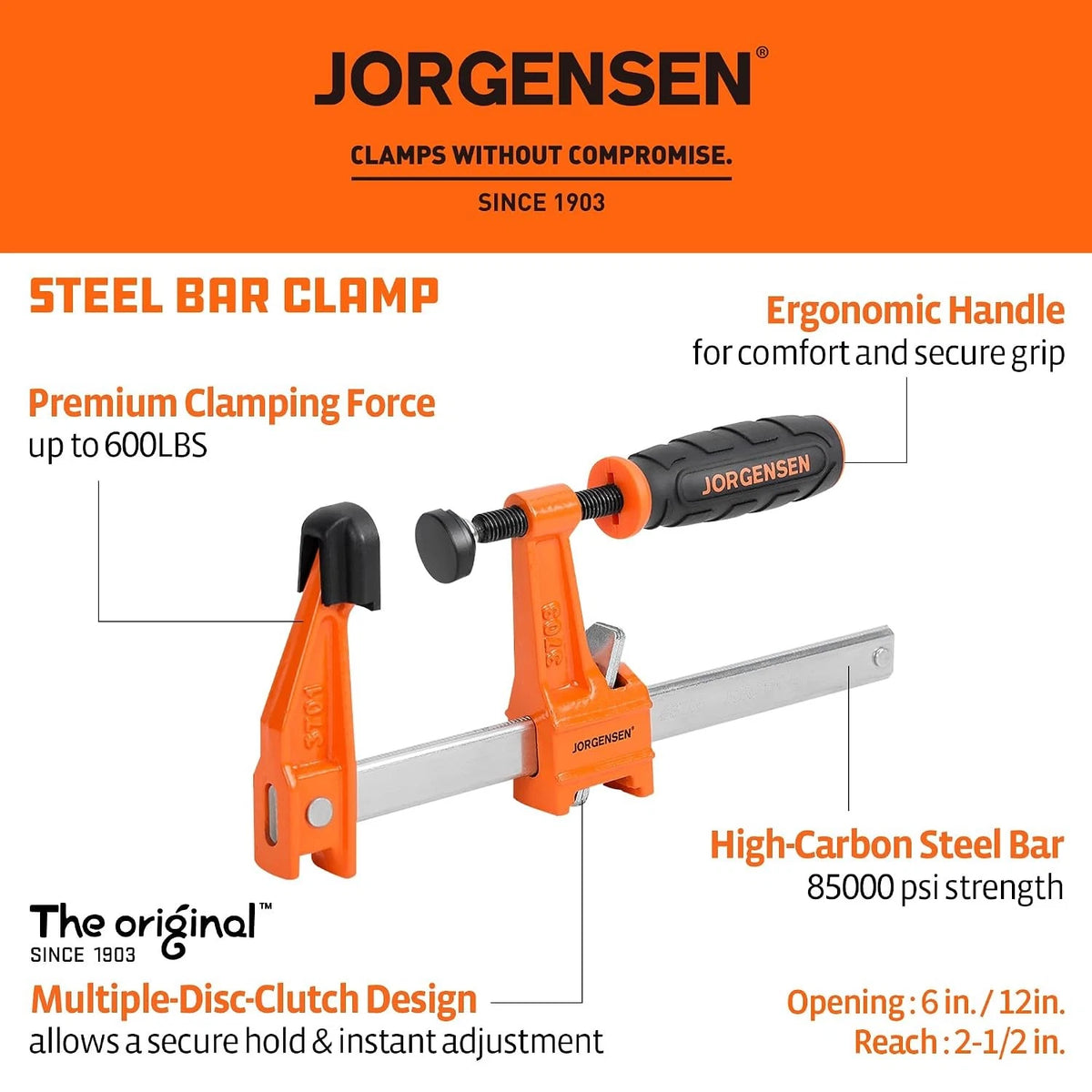 Set of 4 Steel Bar Clamps 6" & 12" Medium Duty F-Clamp