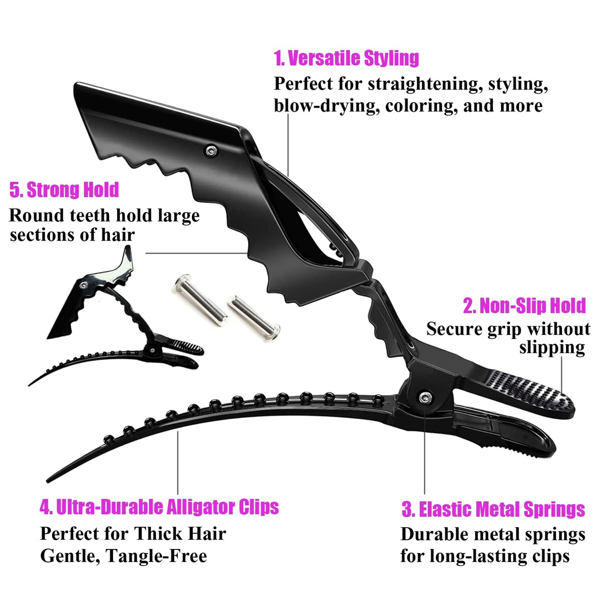 Set of 4 Matte Black Crocodile Hair Clips for Salon Hairdressing