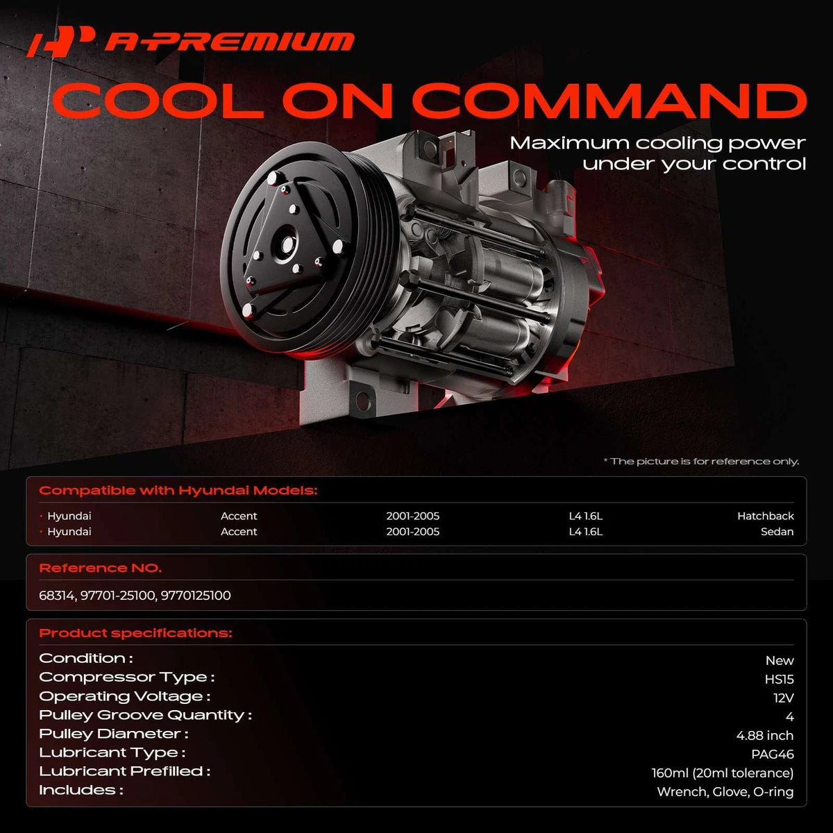 A/C Compressor with Clutch for Hyundai Accent (2001–2005) 97701-25100, 68314