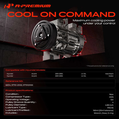 A/C Compressor with Clutch for Hyundai Accent (2001–2005) 97701-25100, 68314