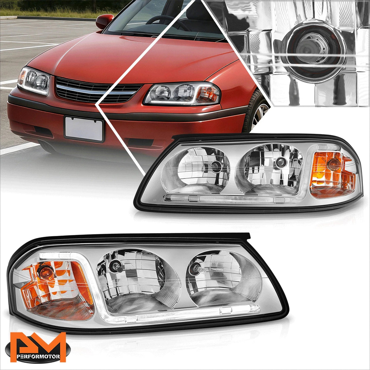 LED DRL Chrome Housing Headlight Replacement for Chevy Impala (2000–2005)