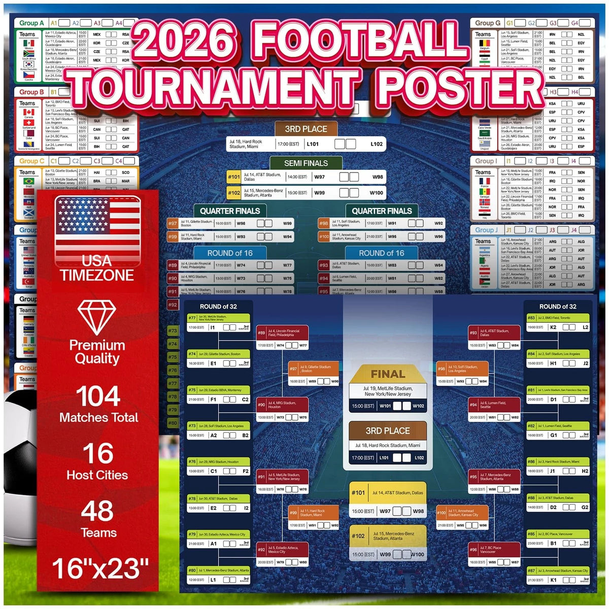 2X Extra Large Soccer Schedule Poster for World Cup 2026 (2026)