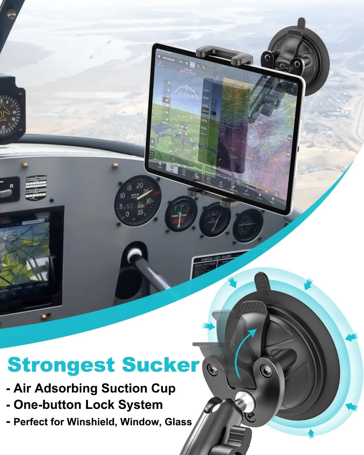 Tablet Holder for Aircraft 8.85 inches - Strong Suction Cup, Black