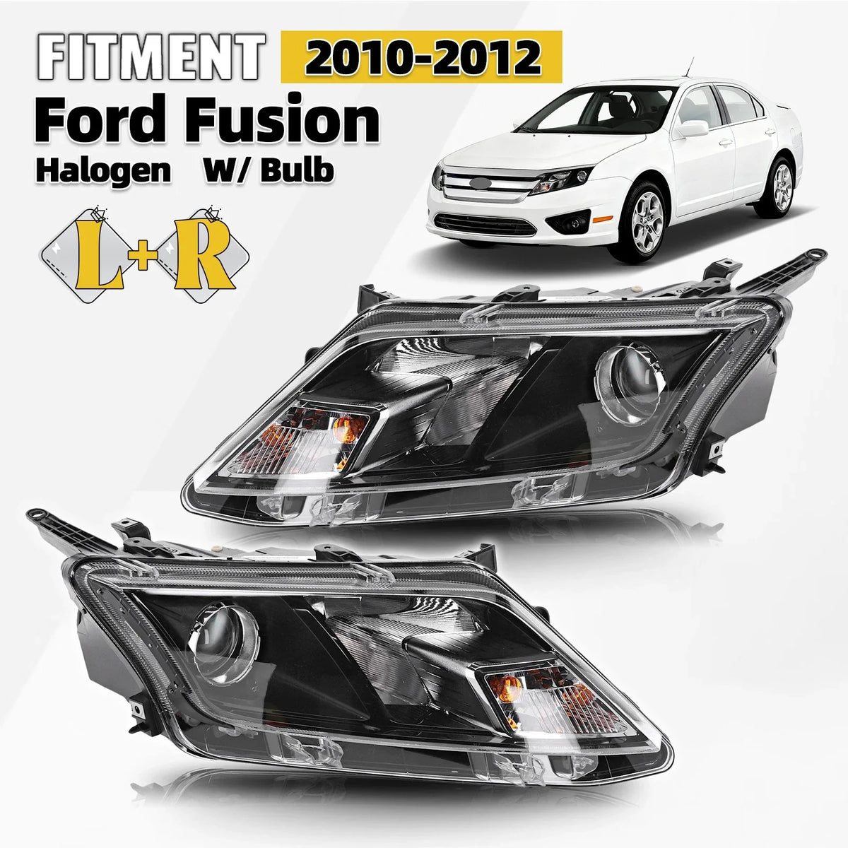Set of 2 Halogen Headlights Assembly with Bulbs for Ford Fusion (2010–2012)